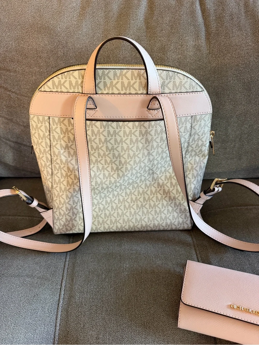 Michael Kors Signature Cream and Pale Pink Backpack with Matching Wallet